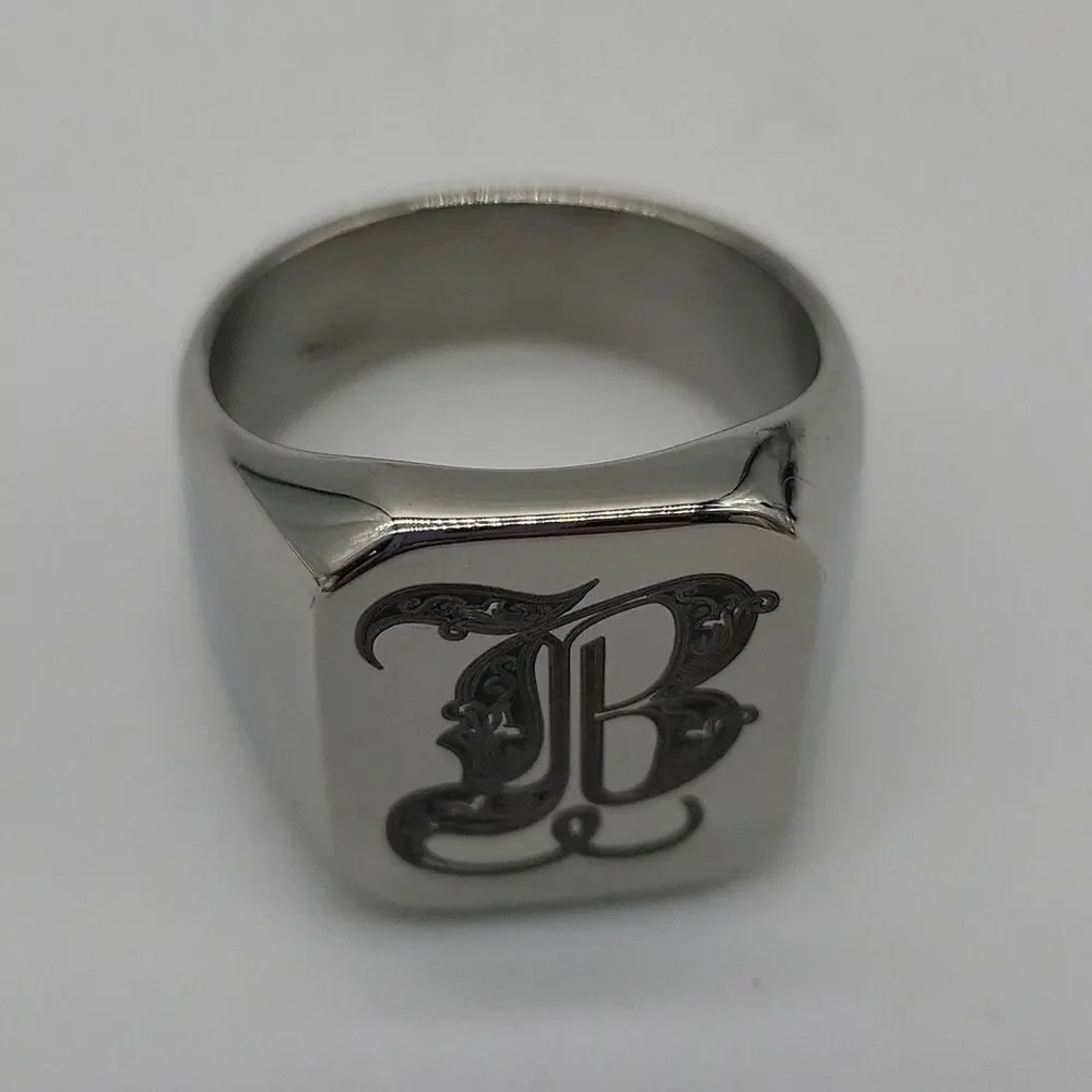 Men’s Stainless Steel Initial B Signet Ring Size 9 Engraved Handmade NWT